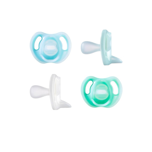 Tommee Tippee Ultra-Light Silicone Pacifier, 0-6 Months, Symmetrical One-Piece Design, BPA-Free Silicone Binkies, Blue/Green/Clear, Pack of 4