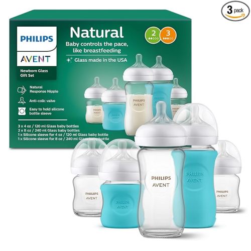 Philips Avent Glass Natural Bottle with Natural Response Nipple, Baby Gift Set, SCD858/01