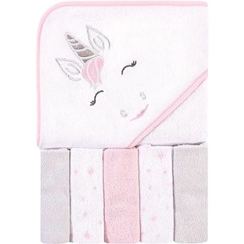 Hudson Baby Unisex Baby Hooded Towel and Five Washcloths, Pink Unicorn, One Size