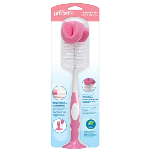 Dr. Brown's Baby Bottle Brush with Suction Cup Stand, Sponge, Scrubber & Nipple Cleaner Pink, 1 Pack
