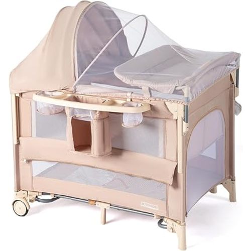 JOYMOR 9 in 1 Bedside Bassinet with Changing Table, Pack and Play with Bassinet, Convert to Rocking Baby Bed with Electric Music Center, Mosquito Net, Toy, Storage, Beige
