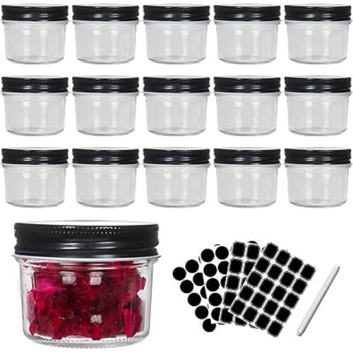 4 oz Glass Mason Jars with Airtight Black Lids,16 Pack Glass Canning Jars for Jelly,100ml Small Kitchen Storage Containers for Spices,Jams,Fruits Salad,Handmade Desserts