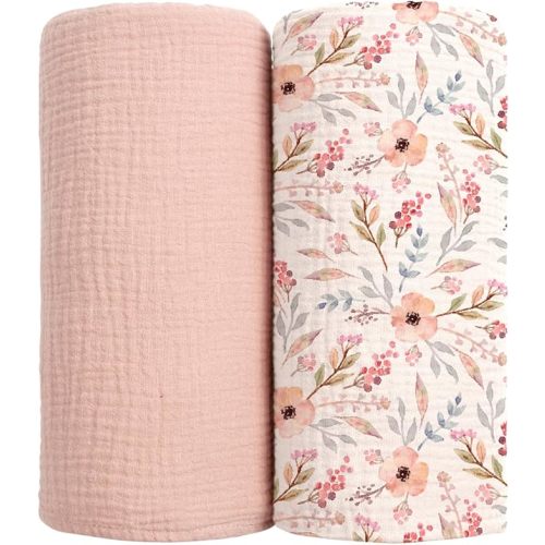 lulumoon Muslin Swaddle Blankets for Baby: Soft Cotton Newborn Receiving Blankets - Floral Print Nursery Gift Set for Baby Girls(Pink Flower)