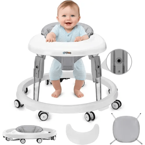 Baby Walker with Wheels, One-Touch Folding Portable Baby Walkers with Height Adjustment, Large Dinner Plate and Brake, Walker for Baby Boy Girls 6-18 Months, Gray