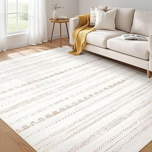 Area Rug Living Room Rugs: 4x6 Soft Machine Washable Boho Neutral Farmhouse Stain Resistant Moroccan Indoor Floor Carpet for Bedroom Nursery Kids Entryway Kitchen Entry Bedside Home House Decor- Brown