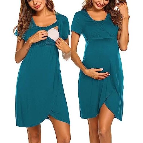 Ekouaer Nursing Nightgown 3 In 1 Maternity Nightgown Short Sleeve Nursing Gown Breasfeeding Sleepwear Delivery Dress