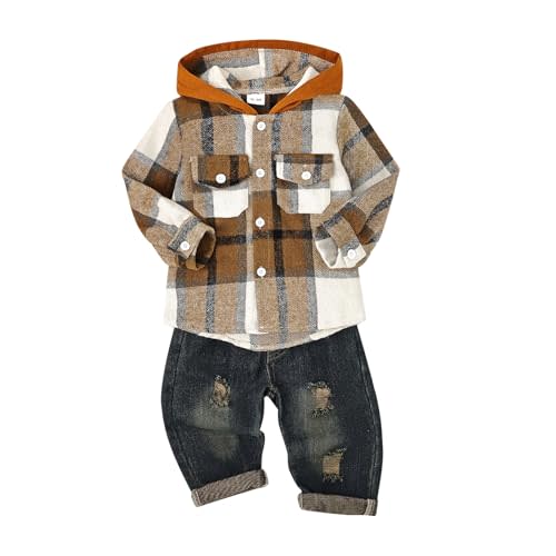ODIMAME Toddler Baby Boy Fall Winter Clothes Long Sleeve Plaid Hooded Sweatshirt Ripped Holes Jeans Set 1-5 Years Old