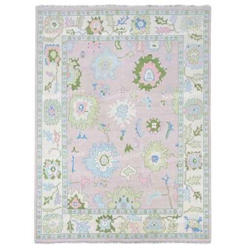 Vintage Oushak Rug 9x12, cute pink Area Rug Ivory Border, Handmade Wool Rug For Bedroom, Contemporary Turkish Rug 8x10 Rug for Living Room