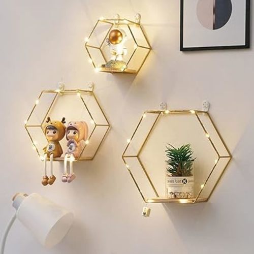 Hexagon Floating Shelves Wall Decor, Gold Metal Wire and Wood Wall Mounted Storage Shelf Home Decorations Art for Bedroom Living Room Kitchen Bathroom, Set of 3 with LED Lights