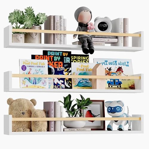 Fixwal Nursery Book Shelves, 23.6 Inch Floating Bookshelves for Wall Set of 3, Baby Nursery Decor, Solid Wood Wall Mounted Shelves for Books, Toys and Decor Storage (White and Natural Wood)