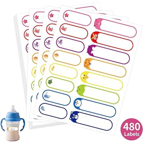 480 Pcs Labels for Kids Stuff Daycare, Waterproof Baby Name Label, Washable Bottle Labels, Reusable Self-Adhesive Tag Stickers for School Essentials, Self-Laminating Write-on