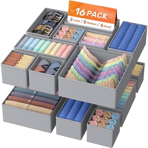 Drawer Organizer Clothes, 16 Pack Drawer Organizers and Underwear Organizer for Nursery, Dividers Clothes Organizer, Closet Organization and Foldable Storage Bins for Socks, Bra, Tie, Grey