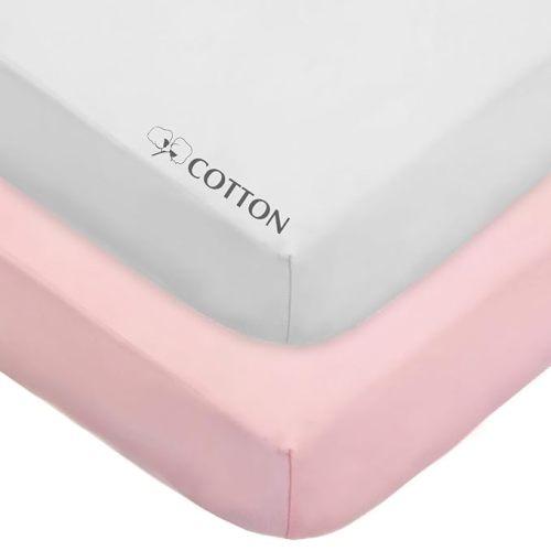 American Baby Company 2 Pack 100% Natural Cotton Fitted Crib Sheets 52" x 28" - Soft, Breathable, Hypoallergenic & Gentle Toddler Bed Sheets, Pink and White, Neutral for Boys & Girls