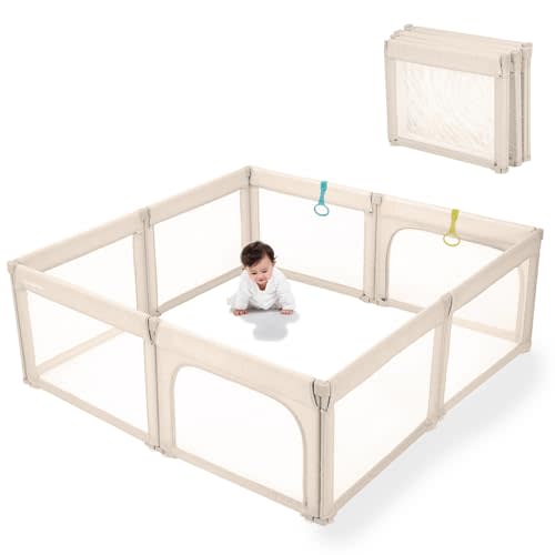 Doradotey Baby Playpen Foldable for Toddlers 1-3, Size and Shape Adjustable Enclosure, 8-Panels Detachable Gate 79x71 Large Indoor Playard, Easy Assembly and Clean, Safety Fence Play Area, Khaki