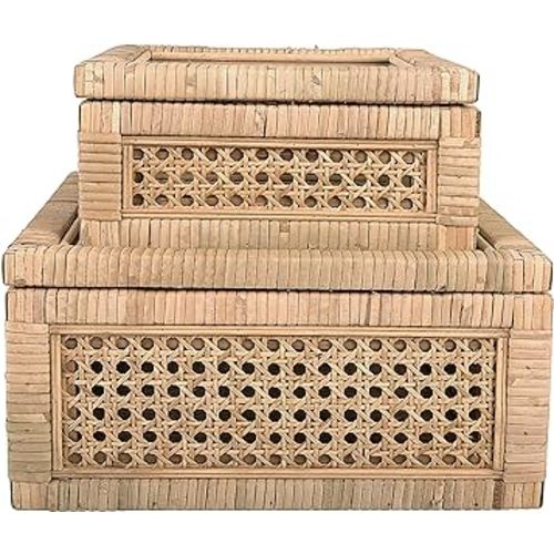 Creative Co-Op Modern Decorative Square Woven Rattan and Wood Display Boxes with Glass Top, Set of 2 Sizes, Natural Finish