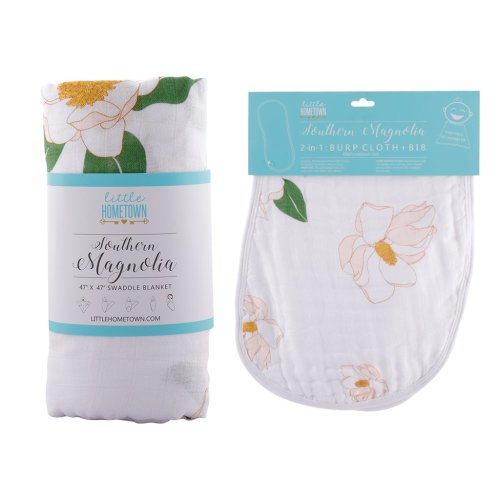 Gift Set: Southern Magnolia Swaddle Blanket and Burp Cloth/Bib Combo – Little Hometown
