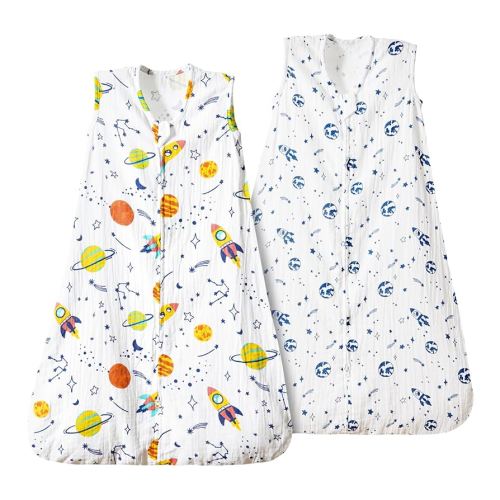 PHF 100% Muslin Cotton Baby Sleep Sacks, 0-6 Months Sleep Sack with 2-Way Zipper, 2 Pack Cooling 0.5 TOG Breathable Small Size Sleeveless Baby Wearable Blanket for Baby Boy, Space