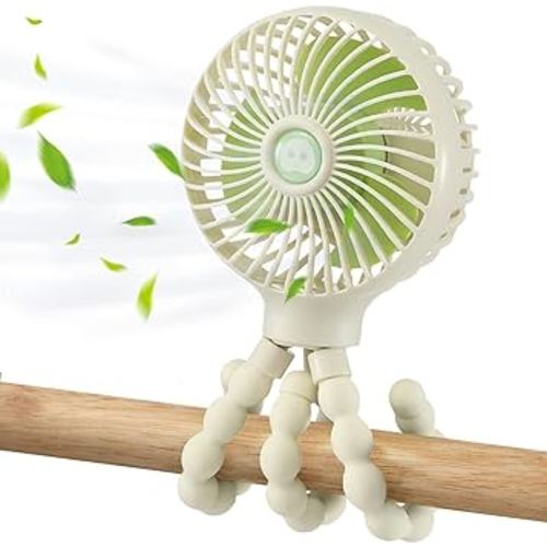 snawowo Mini Baby Stroller Fan, Handheld Personal Portable Clip On Fan with Flexible Tripod for Stroller Bike Desk Treadmill Crib Car Seat Outdoor Camping, USB or Battery Powered（Beige）