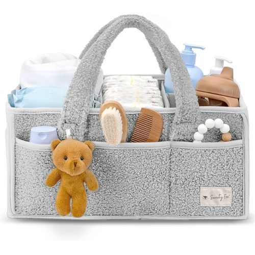 Sweety Fox Baby Diaper Caddy Organizer with Handle - Portable Sherpa Nursery Basket - Car Diaper Organizer, Cleaning Caddy, Gift for Baby Shower - Grey