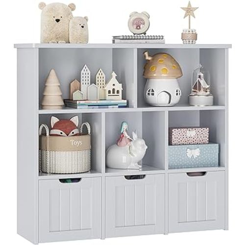 FOTOSOK Toy Storage Organizer with 3 Movable Drawers, Floor Storage Cabinet Toy Chest with Hidden Wheels and 5 Storage Cubbies, Multifunctional Storage Chest for Playroom, Grey