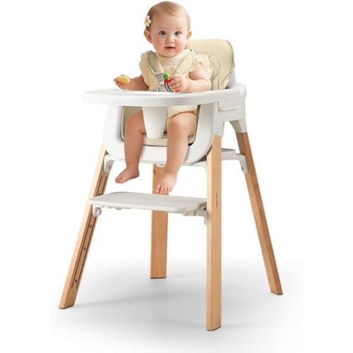 PlayPals 3-in-1 Baby High Chair, Solid Wood Highchair with 5 Point Harness and Food-Grade Tray, 5-Level Adjustable Footrest, Dining High Chair for Months Infants, Toddlers & Kids, Khaki