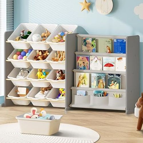 Kids Toy Storage Organizer - Toy Storage with Kids Bookshelf, Toy Organizer with 12 White Bins and 4 Book Shelves, Toy Organizers and Storage for Playroom, Nursery, Kids Room, Grey
