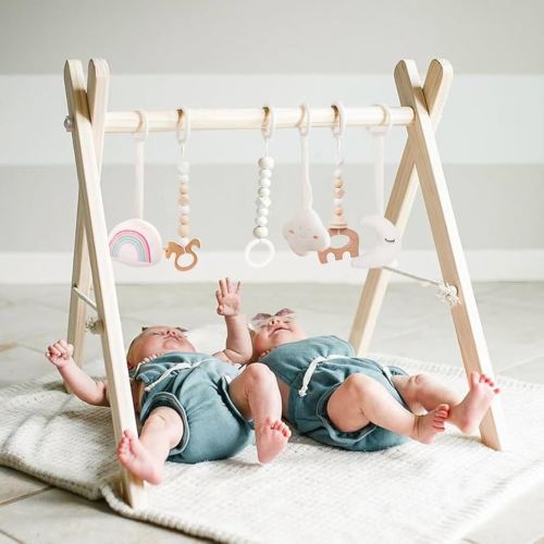 Wooden Baby Gym with 6 Gym Toys, Foldable Baby Play Gym, Natural Pine Wood Play Gym, Frame Activity Center Hanging Bar, Wooden Play Gym