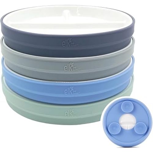 Elk and Friends Kids 6.7” Porcelain White Plates with Silicone Suction Sleeves Sleeves | Divided Plates | Suitable for Babie/Kids/Toddlers | Microwave & Dishwasher Safe | Non Slip | Snack Dishes