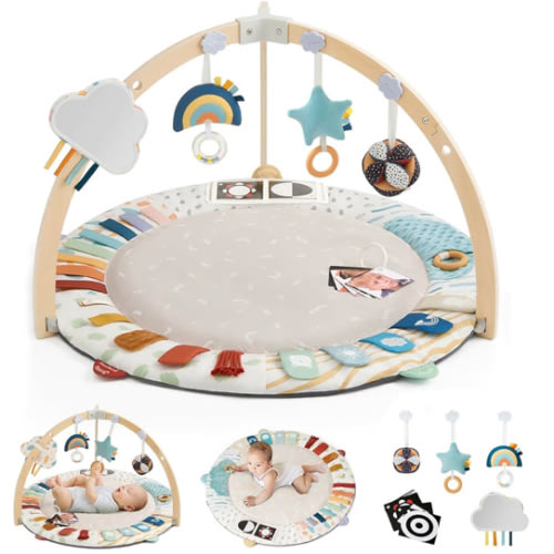 Blissful Diary Baby Play Gym & Activity Mat, 5 Developmental Zones Wooden Tummy Time Mat with 6 Detachable Sensory Toys for Motor Skills & Sensory Development, Baby Essentials Shower Gift