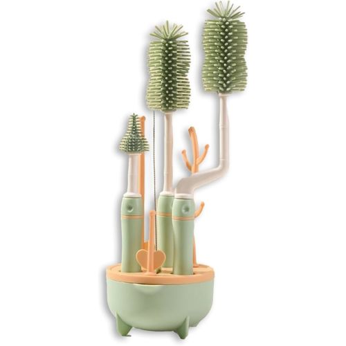 4 Pack Bottle Brush Cleaning Set with Storage Holder, Cleaning Brushes with Base for Long Narrow Neck Bottles, Water Bottles, Baby Bottles, Tumblers, Drinking Glasses, Strews (Green)