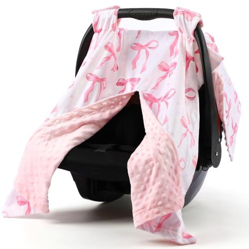 Pink Bow Car Seat Cover Baby Girl, Minky Warm Winter Carseat Covers with Peekaboo Opening Soft Cozy for Newborn Infant Boys Winter Stroller, Nursing Cover Canopy Shower Gift