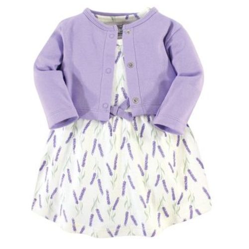 Touched By Nature Baby And Toddler Girl Organic Cotton Dress And Cardigan 2pc Set, Lavender, 3-6 Months