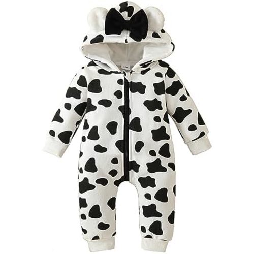 Newborn Baby Girl Hooded Jumpsuit Heart Cow Zip Up Long Sleeve Infant One Piece Romper Snowsuit Valentines Outfit