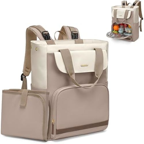 GOLF SUPAGS Diaper Bag Backpack with Portable Changing Pad 25L Baby Bag Insulated lunch box Backpack Fits 17.3" Laptop (Champagne & White)