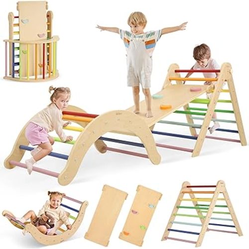7 in 1 Wood Pikler Triangle Set, Foldable Toddler Climbing Toys Indoor, Montessori Climbing Set with Ramp, Arch & Climbing Triangle, Baby Climbing Gym, Indoor Playground for Kids - Rainbow