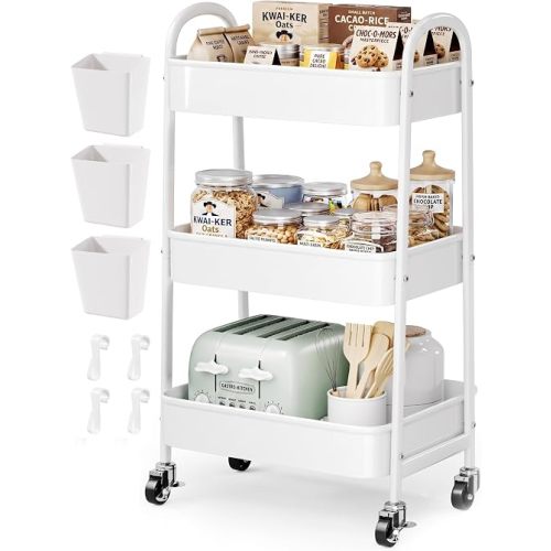 3 Tier Rolling Cart Metal with Wheels, Heavy Duty White Three Tiered Craft Cart Organizer on Wheels, Utility Roller Storage Carts for Art, Baby Nursery, Diaper Caddy, Snack,Book,Nail,Cleaning Supplies