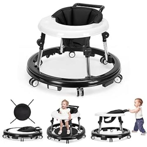 Baby Walker Foldable with 9 Adjustable Heights, Baby Walker with Wheels Portable, Infant Toddler Walker for Baby Boy Girls 6-18 Months (Black)