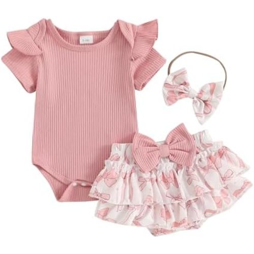 Adobabirl Baby Girl Summer Clothes Short Sleeve Ribbed Romper Ruffle Layered Bloomers Shorts Headband Boutique Clothing