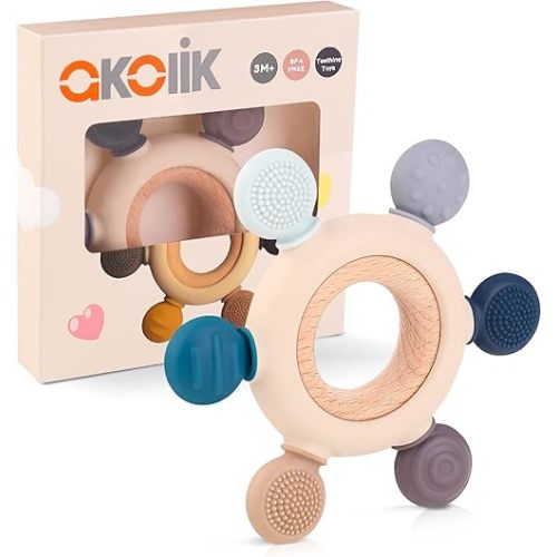 akolik Teething Toys for Babies, Baby Teethers Toy Teething Ring Silicon, Grasping Teething Toy, BPA Free Teething Nursing Accessories for 3+ Months Boy, Girl Toddlers