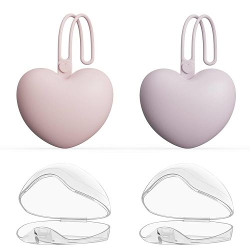 4pcs Pacifier Holder Case Set, 2pcs Silicone Portable Pacifier Pouch and 2pcs Transparent Pacifier Storage Container, Cute Heart Shape Pacifier Storage Case for Newborn Baby(Pink+Purple)