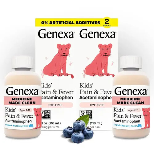 Genexa Kids’ Clean Pain & Fever Acetaminophen, Dye Free, 0% Artificial Additives, Delicious Organic Blueberry Flavor, Liquid Oral Suspension Medicine, Children 2-11, 160 mg per 5mL, 8 fl oz (2 Pack)