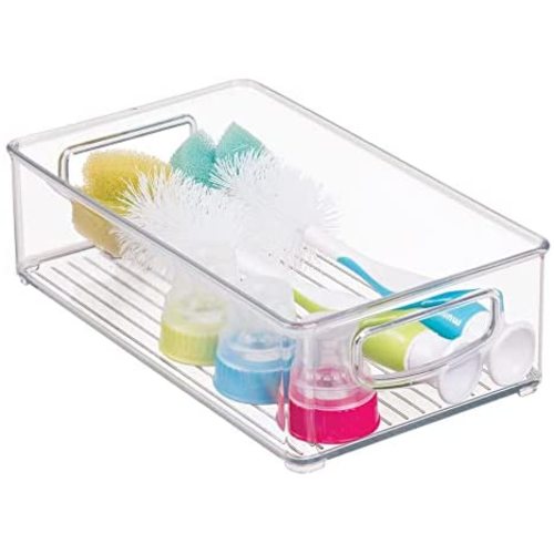 mDesign Plastic Wide Baby Nursery and Food Organizer - Storage Holder Bin with Handles for Closet, Cupboard, Cabinet, Drawers, Shelves - Holds Canned Food, Bottles, Formula, and Milk - Clear