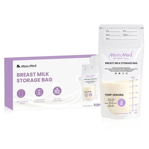 MomMed Breast Milk Storage Bags with Color-Changing Temperature Indicator - 6oz Self-Standing No-Leak Freezer Bags, Locking Clamp & Pour Spout, Space-Saving Flat Profile, BPA-Free (50 Count)