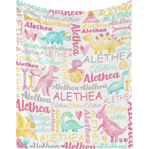 Personalized Baby Name Blanket Dinosaurs Gift for Baby Girls Soft Flannel Newborns Throw Comfy Cozy Fleece Custom Kids Blanket Gifts for Toddler Nursery Birthday Christmas-30 x40