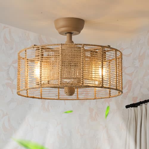 shitougu 20" Boho Fandelier Ceiling Fans with Lights, Caged Chandelier Ceiling Fan with Light Remote Control, Rattan Bladeless Enclosed Ceiling Fan with 6 Speeds for Bedroom