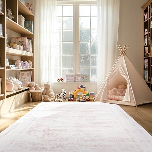 Washable Playroom Rug 5x7 for Kids Girls Room Non Slip Non Shed Cute Light Vintage Floral Print Floor Nursery Carpet for Dining Room Home Decor Living Room Bedroom Babies Room(Light Pink,5x7Ft)