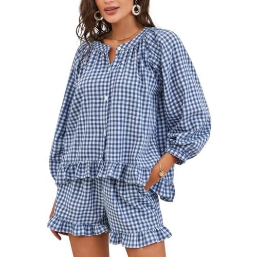 Flygo Women Gingham 2 Piece Pajama Sets Y2K Plaid Ruffle Short Sets Raglan Sleeve Shirt Lounge Shorts Sleepwear with Pockets