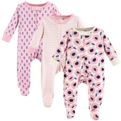 Touched by Nature Baby Girl Organic Cotton Zipper Sleep and Play 3pk, Blossoms, 0-3 Months