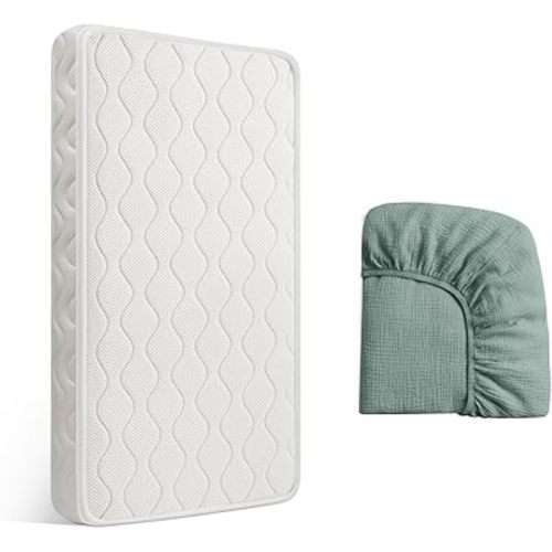 100% Breathable Crib Mattress, Certified Premium Foam Toddler Mattress for Toddler Bed with Soft Full-Zip Closure Design Cover, Soft Green Muslin Sheet for Replacement
