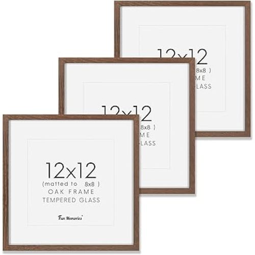 12x12 Picture Frame, Natural Oak Wood Frame 12"x12", Square 12 x 12 Photo Frame with Mat for 8 x 8, 12 by 12 Wood Frame for Wall, Real Glass (Walnut Color, 3 Pack)